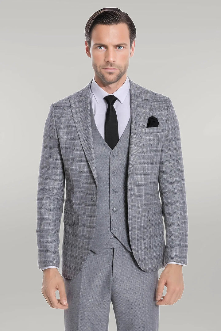 Checked Slim Fit Light Grey Men Suit - Wessi