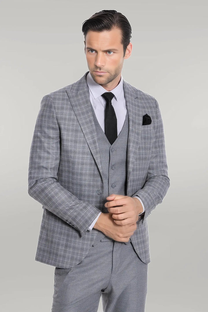 Checked Slim Fit Light Grey Men Suit - Wessi