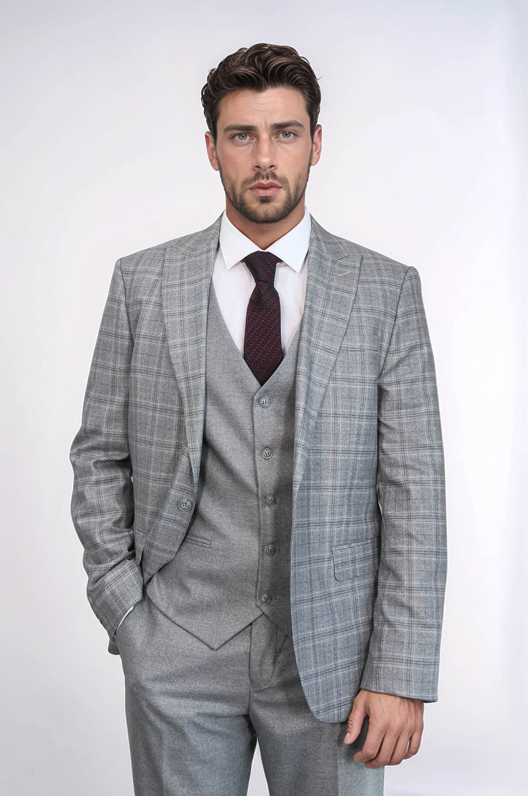 Traje de hombre a cuadros slim fit gris claro Wessi