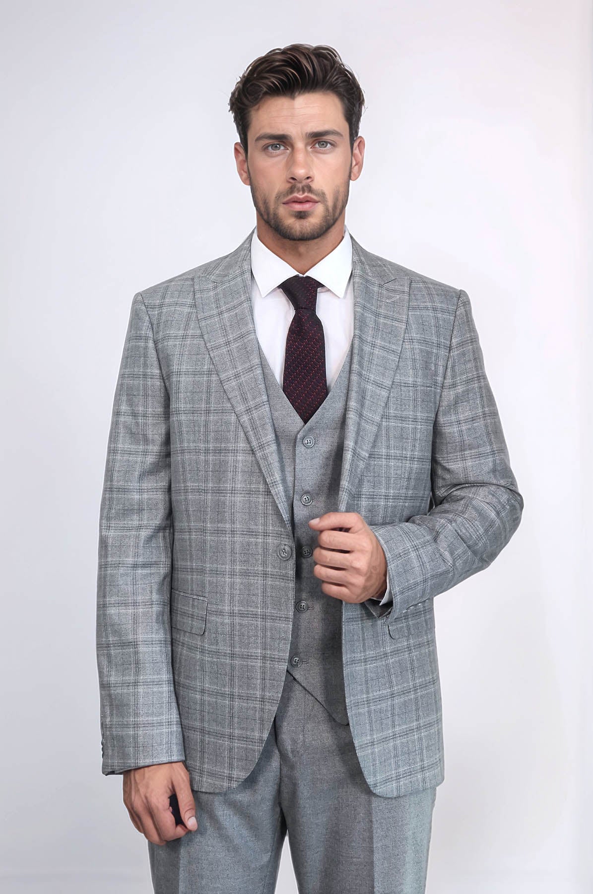 Checked Slim Fit Light Grey Men Suit - Wessi
