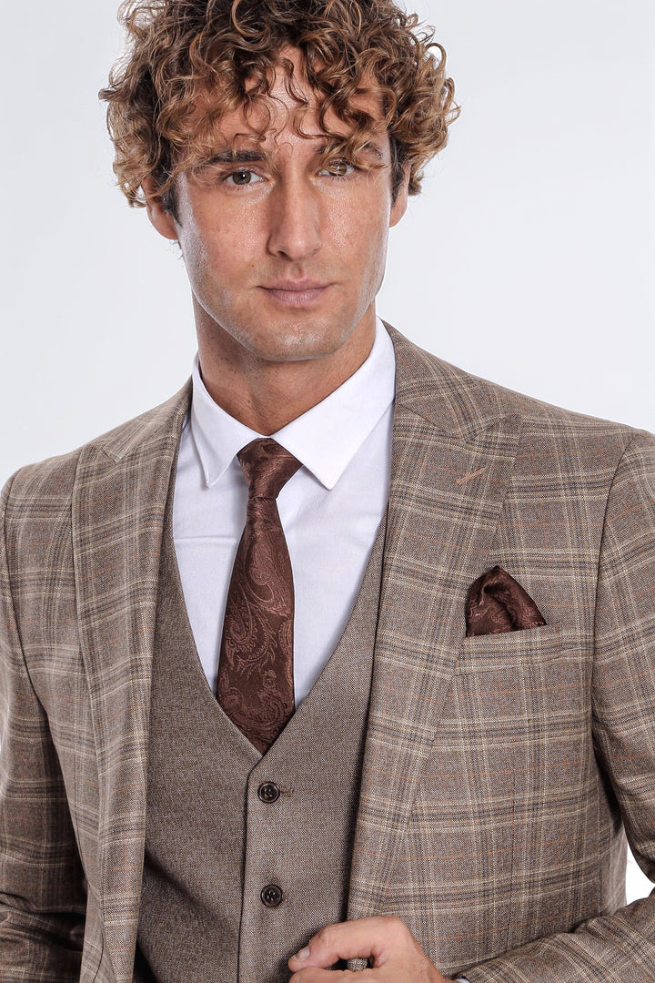Checked Slim Fit Light Brown Men Suit - Wessi
