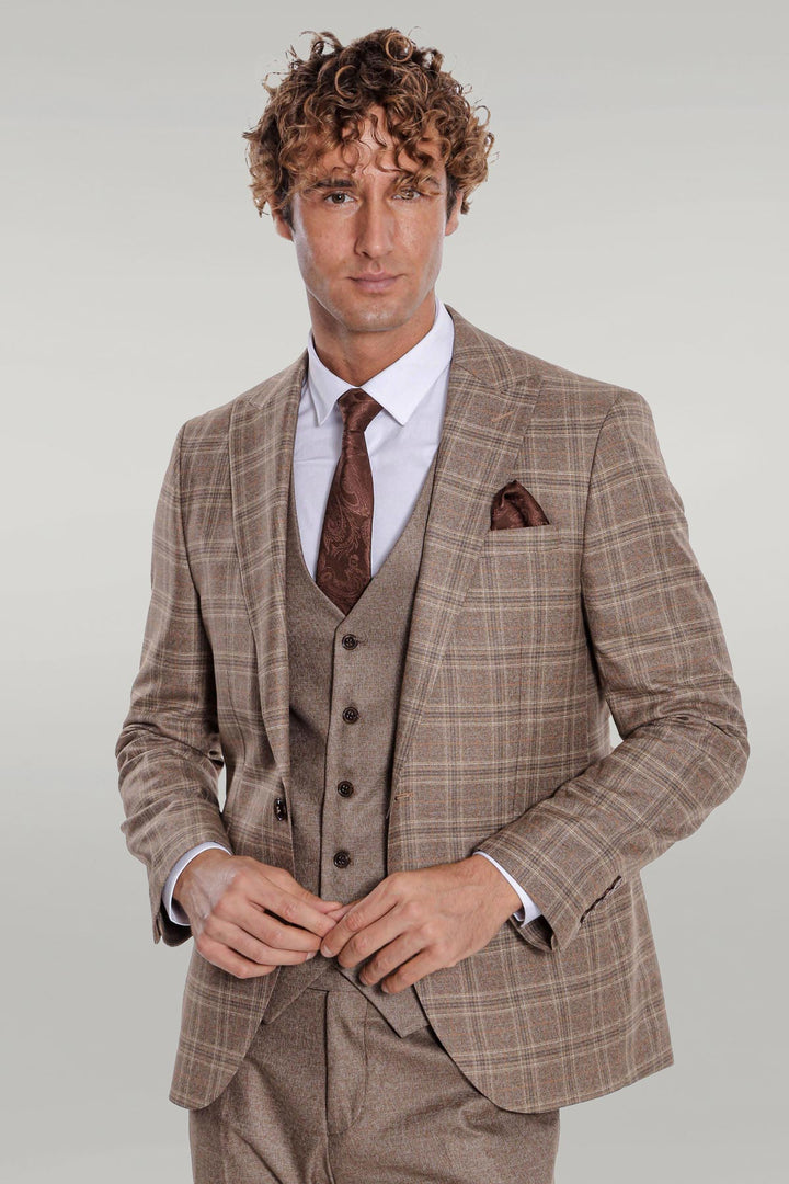 Costume Homme Marron Clair Coupe Slim à Carreaux - Wessi