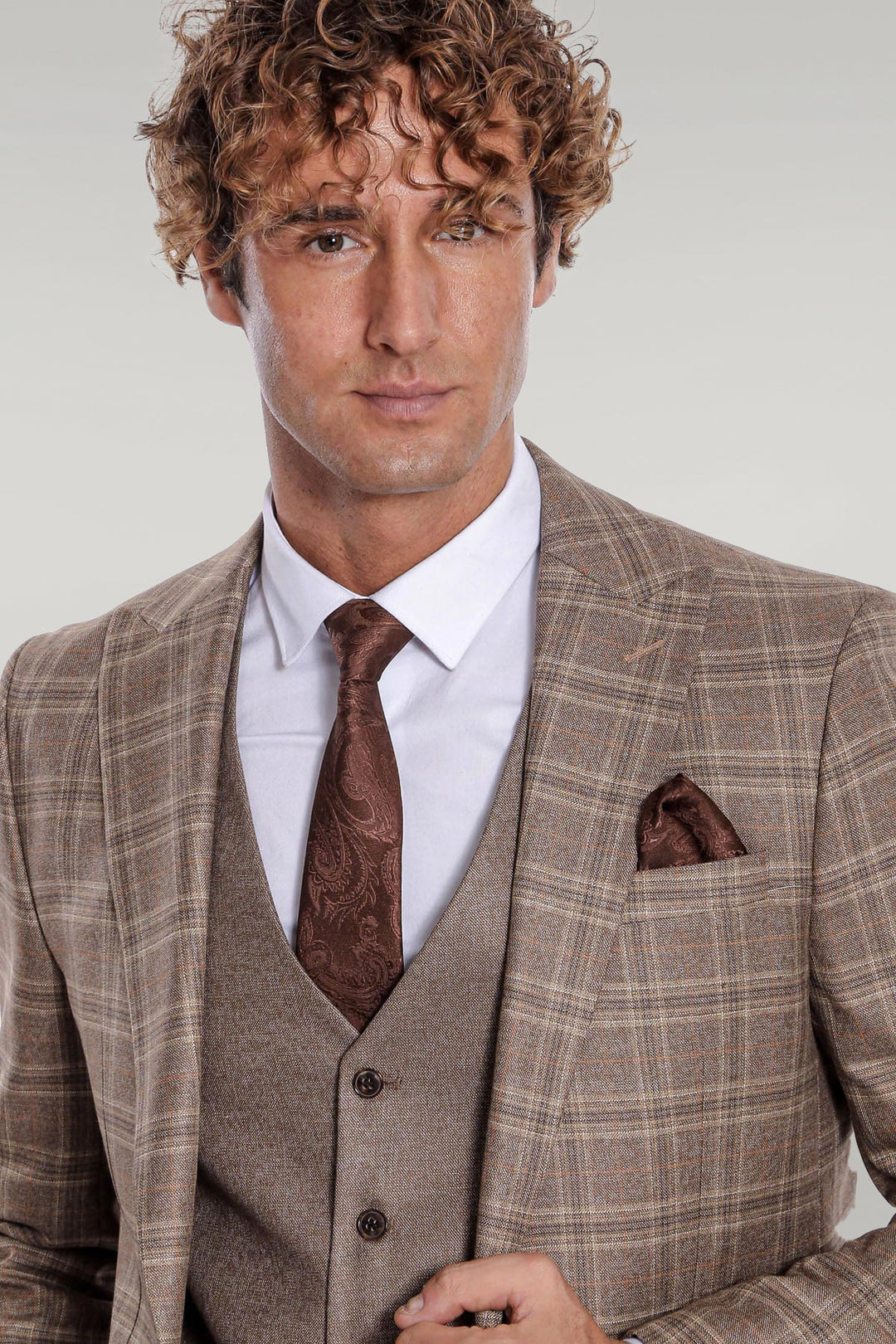 Costume Homme Marron Clair Coupe Slim à Carreaux - Wessi