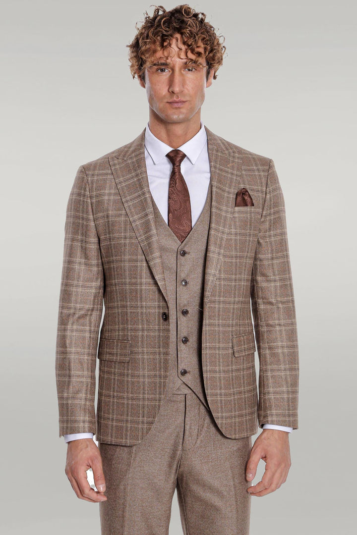 Costume Homme Marron Clair Coupe Slim à Carreaux - Wessi