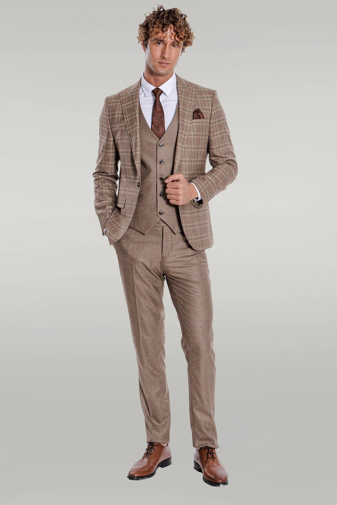 Costume Homme Marron Clair Coupe Slim à Carreaux - Wessi