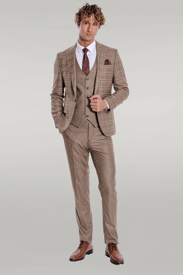 Costume Homme Marron Clair Coupe Slim à Carreaux - Wessi