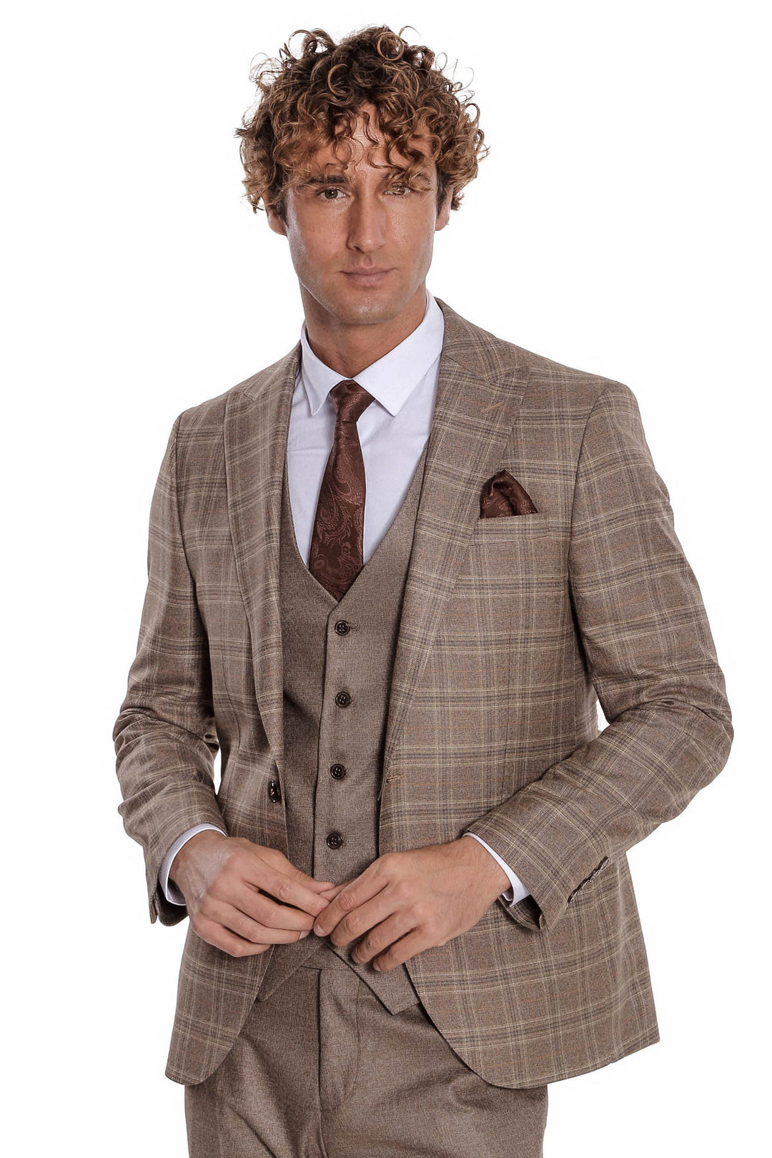 Checked Slim Fit Light Brown Men Suit - Wessi