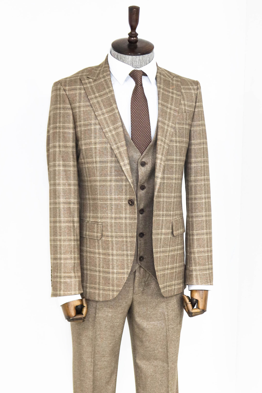 Checked Slim Fit Light Brown Men Suit and Shirt Combination- Wessi