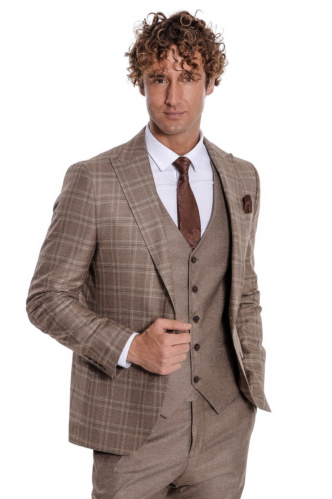 Checked Slim Fit Light Brown Men Suit - Wessi