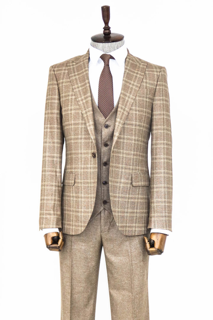 Checked Slim Fit Light Brown Men Suit and Shirt Combination- Wessi