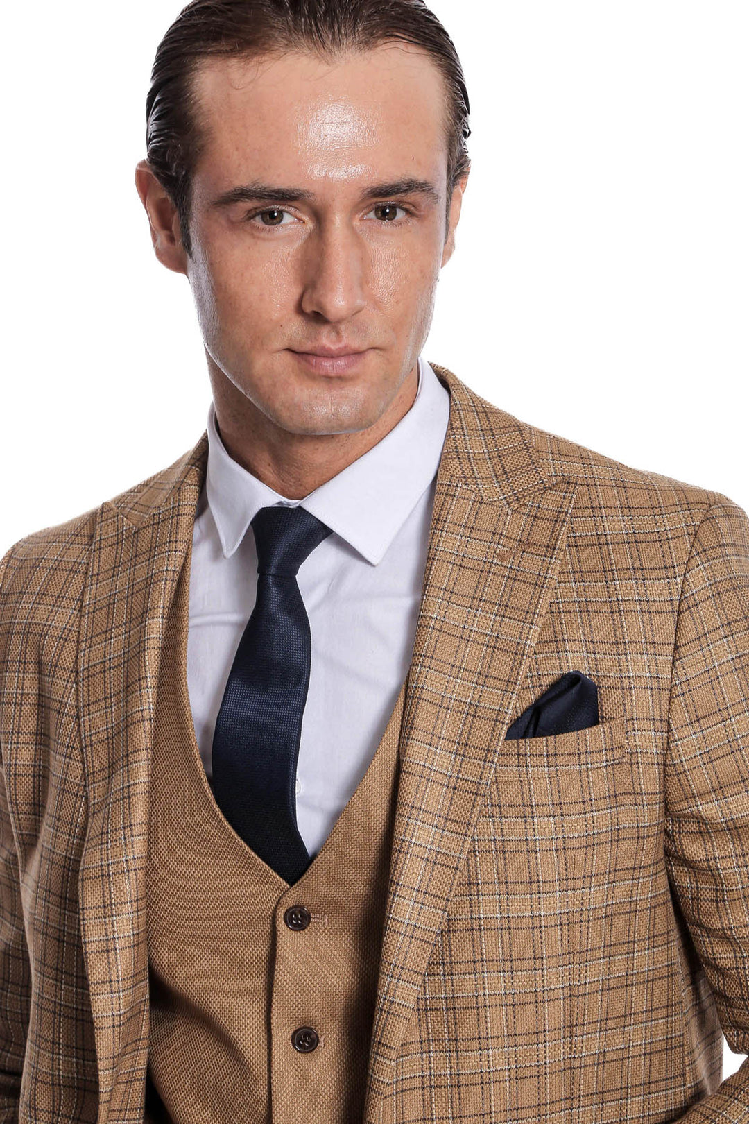 Checked Slim Fit Tan Men Suit - Wessi