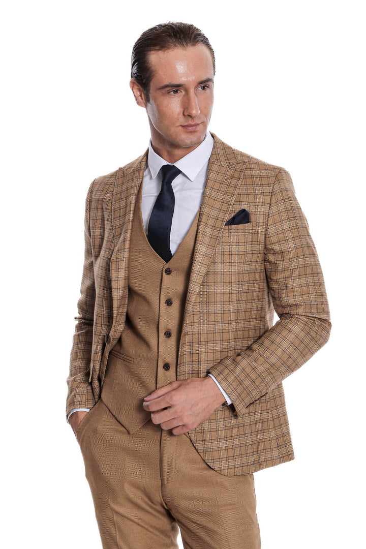 Checked Slim Fit Tan Men Suit - Wessi