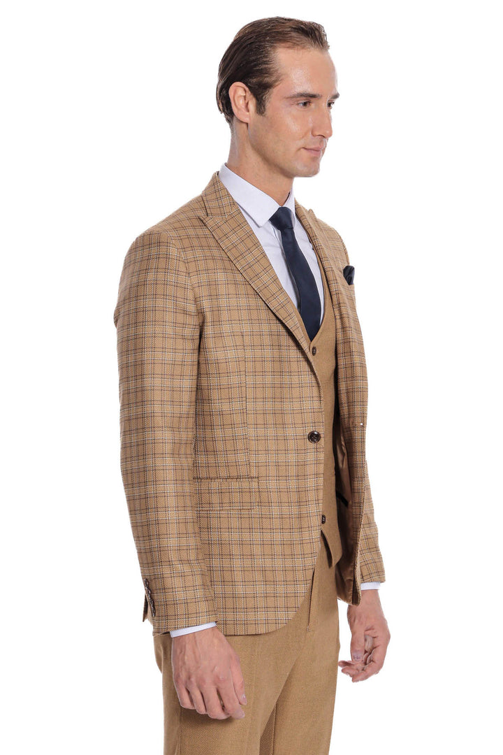 Checked Slim Fit Tan Men Suit - Wessi