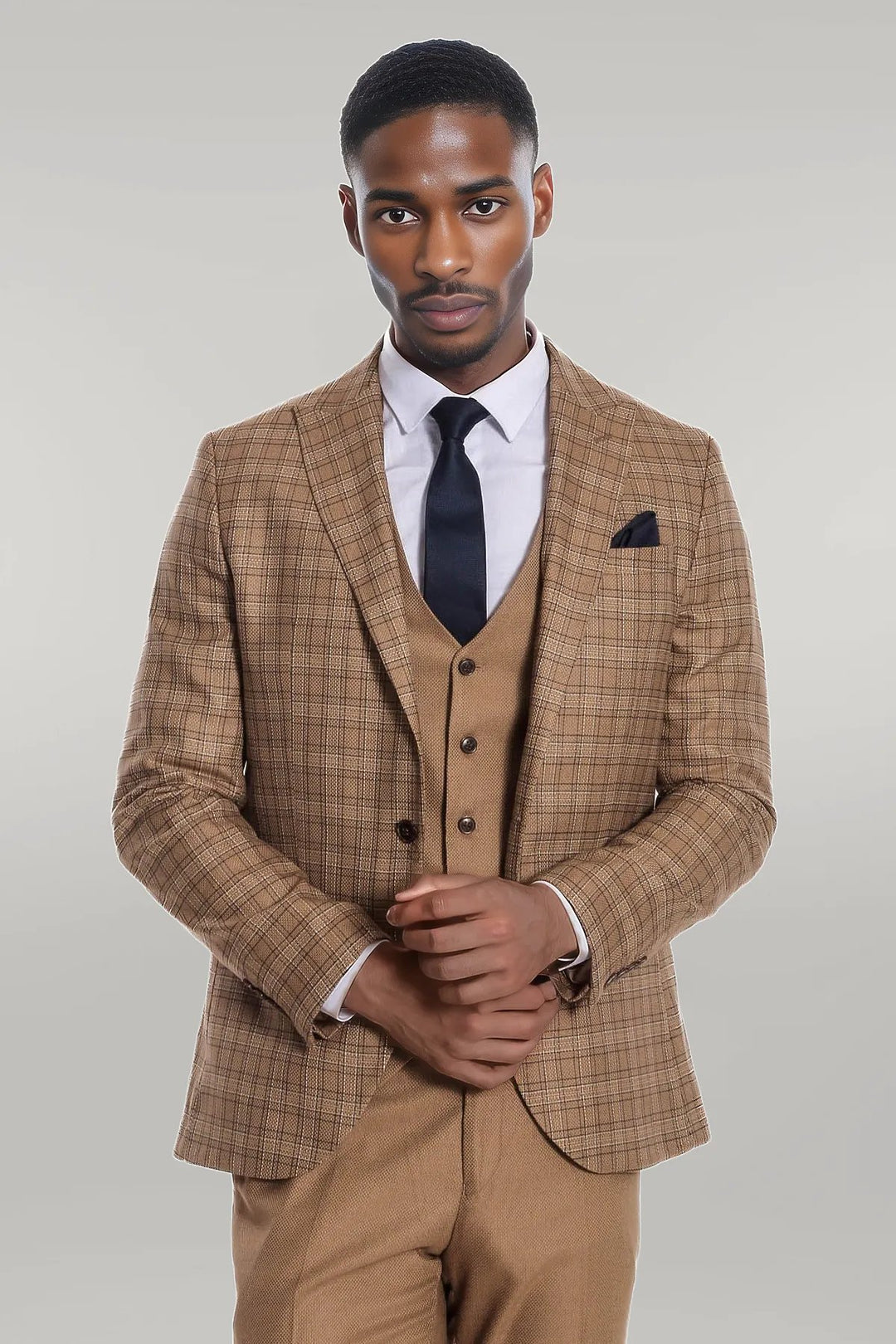 Checked Slim Fit Tan Men Suit - Wessi