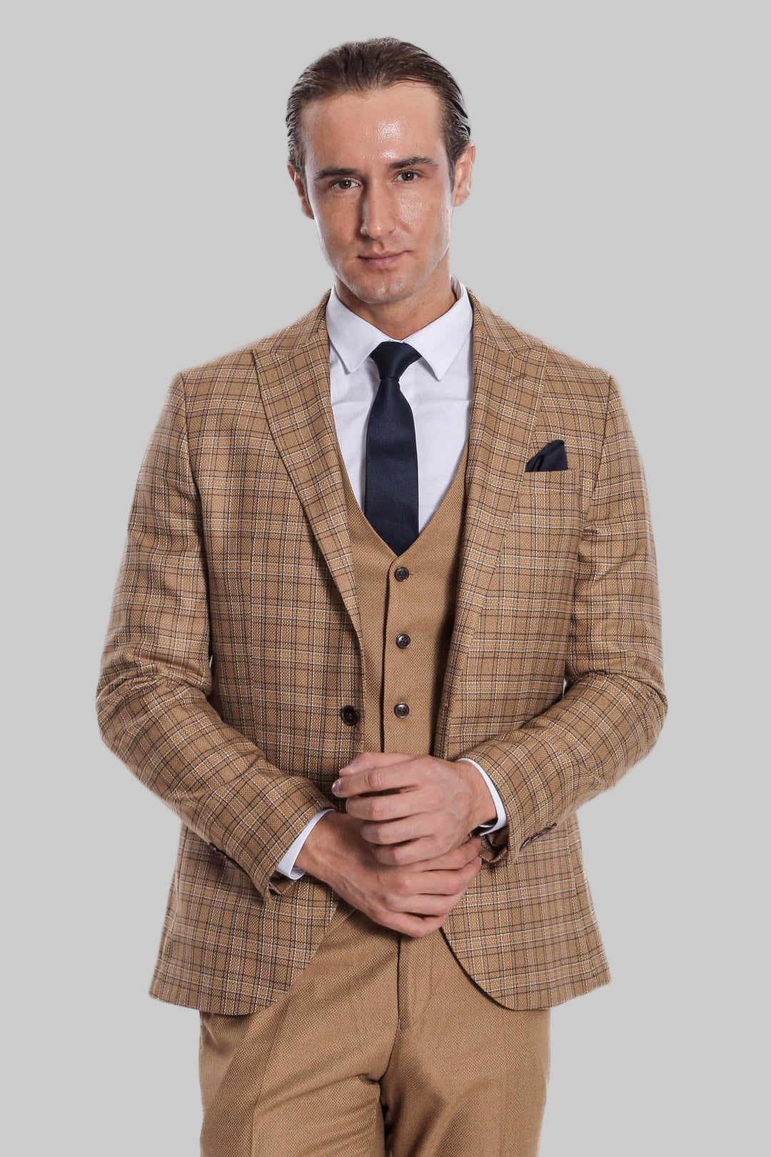 Checked Slim Fit Tan Men Suit - Wessi