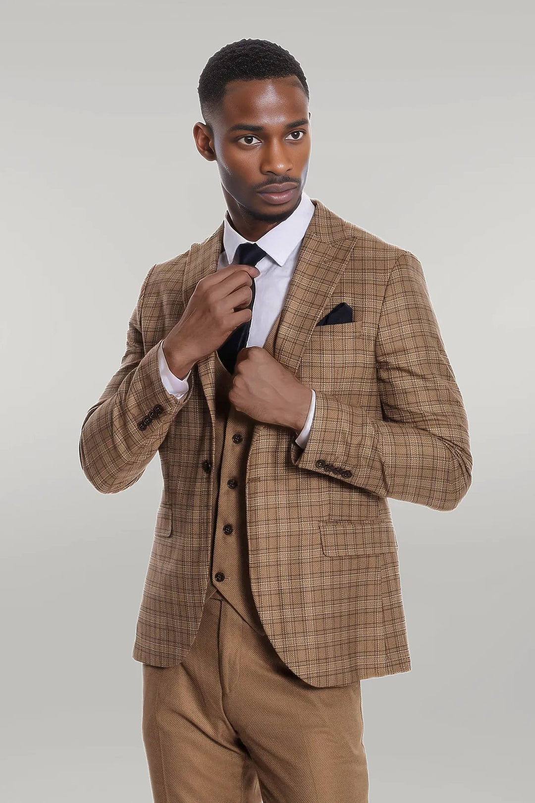 Checked Slim Fit Tan Men Suit - Wessi