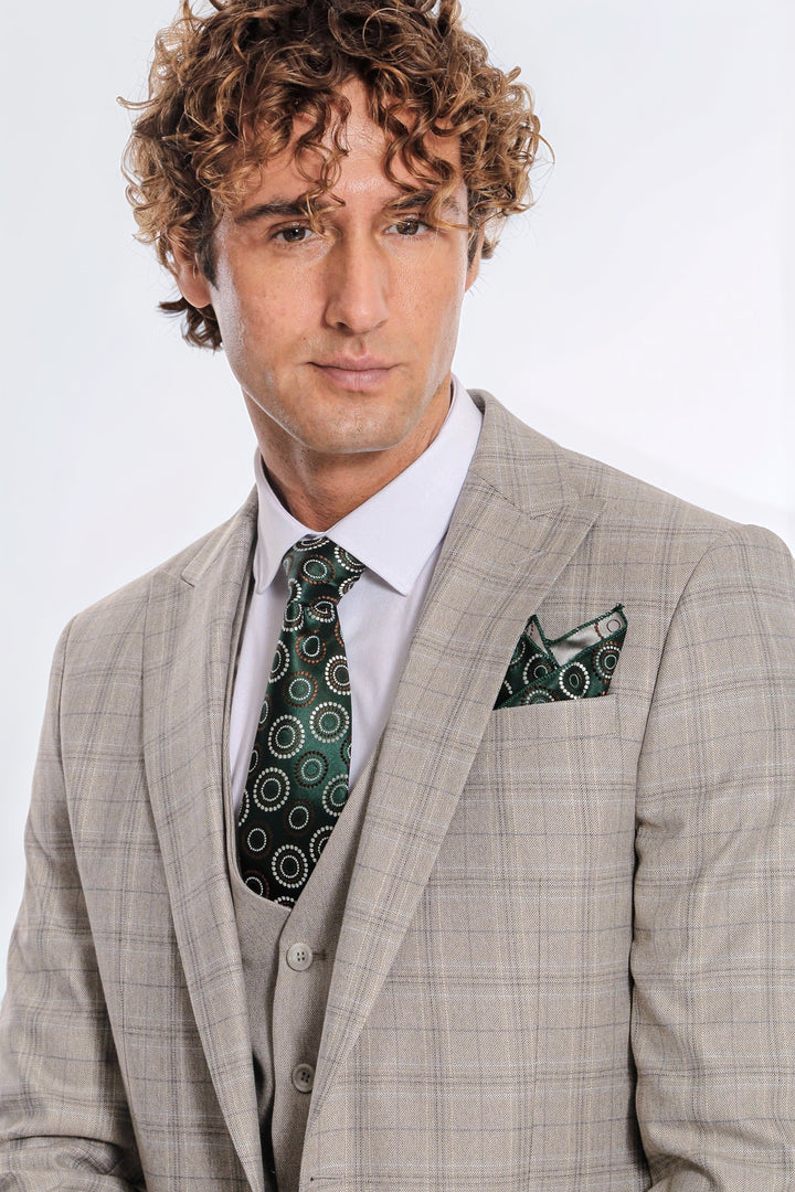 Checked Slim Fit Cream Men Suit - Wessi