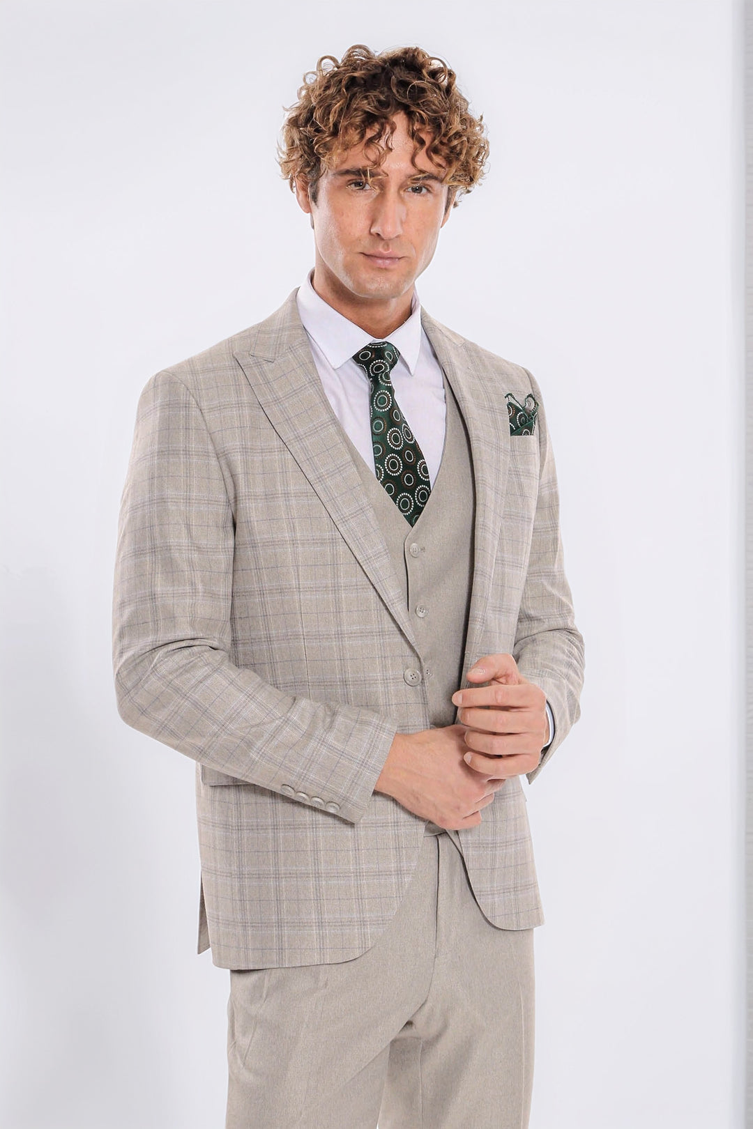 Checked Slim Fit Cream Men Suit - Wessi