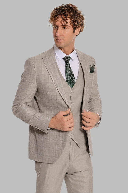 Traje de hombre en color crema de corte entallado a cuadros - Wessi