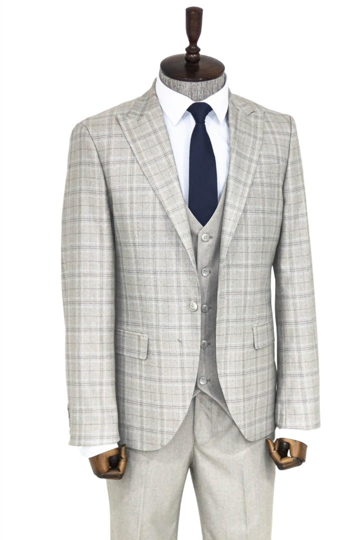 Checked Slim Fit Cream Men Suit and Shirt Combination- Wessi