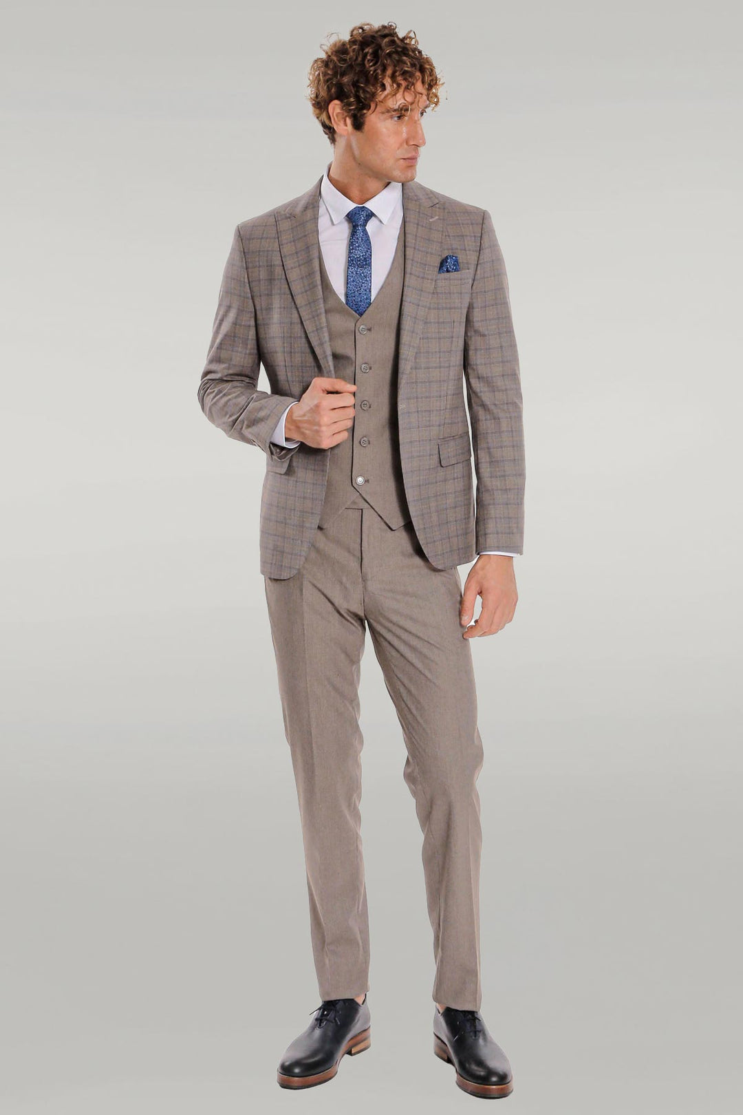 Checked Slim Fit Light Brown Men Suit - Wessi