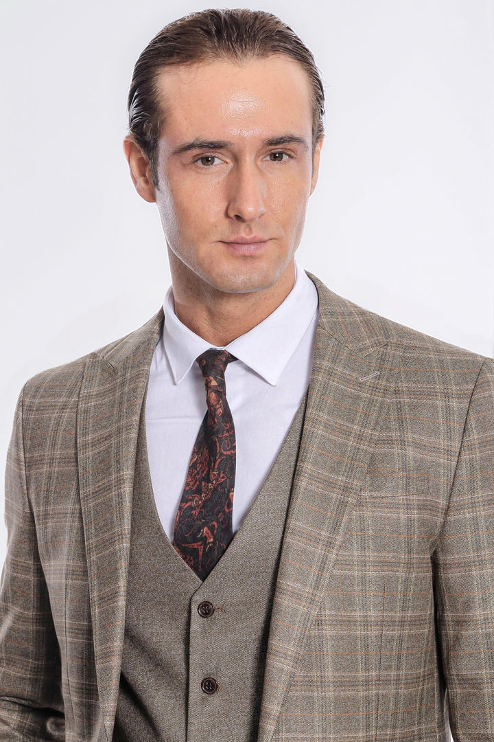 Checked Slim Fit Brown Men Suit - Wessi