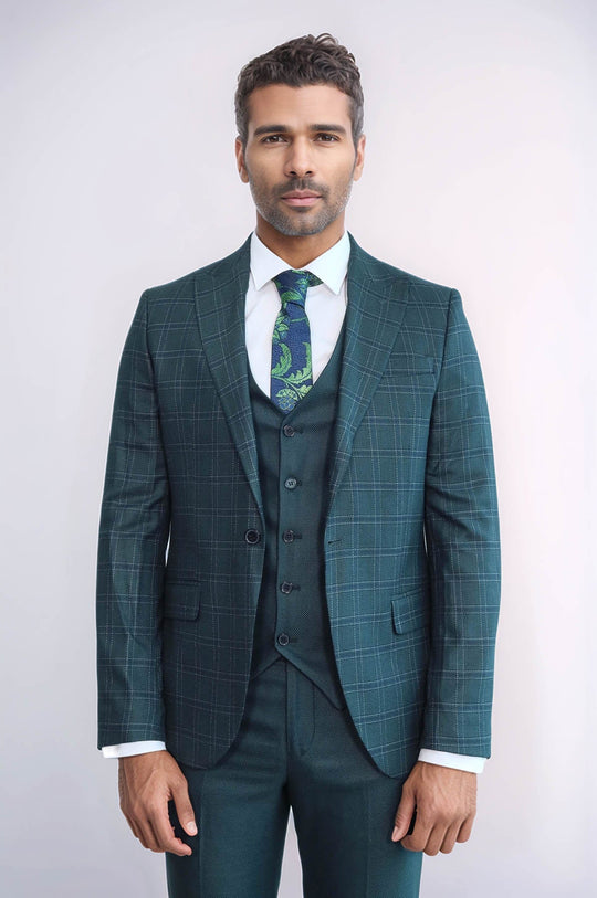 Checked Slim Fit Green Men Suit - Wessi