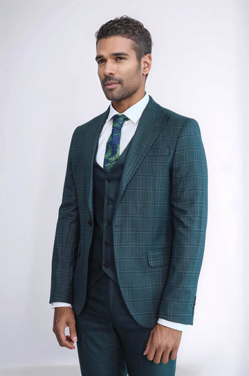 Checked Slim Fit Green Men Suit - Wessi