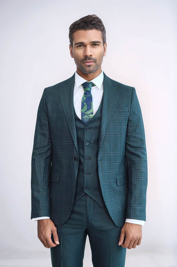 Checked Slim Fit Green Men Suit - Wessi