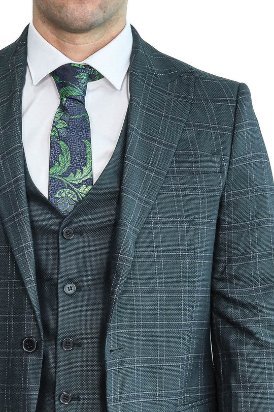 Checked Slim Fit Green Men Suit - Wessi