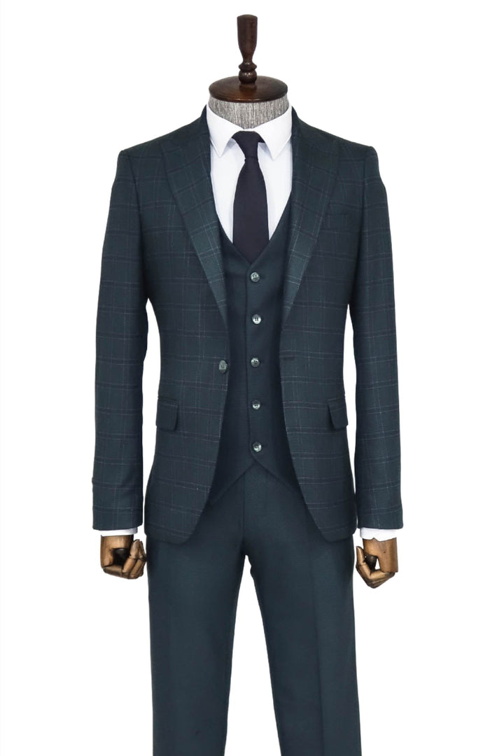 Checked Slim Fit Green Men Suit - Wessi