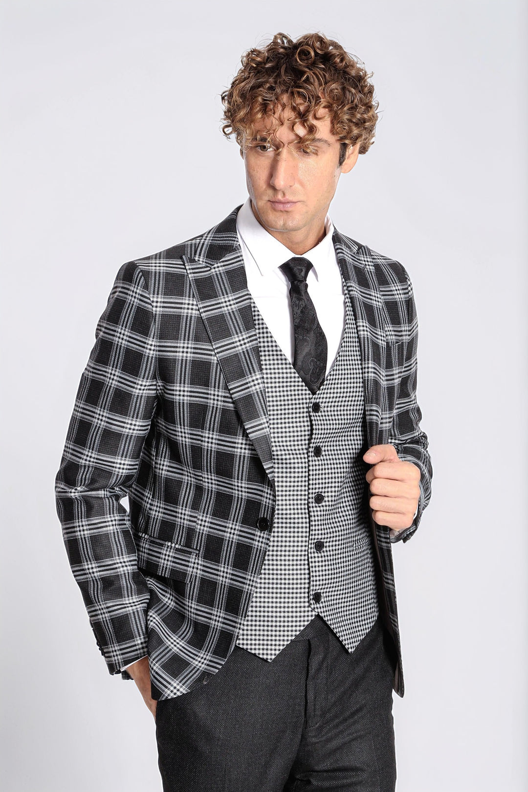 Slim Fit Patterned Checked Black Men Suit - Wessi