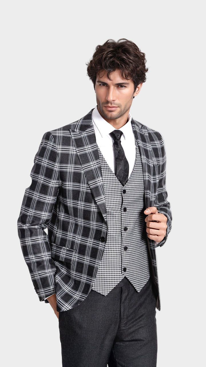 Slim Fit Patterned Checked Black Men Suit - Wessi