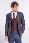 Patterned Checked Slim Fit Blue Men Suit - Wessi