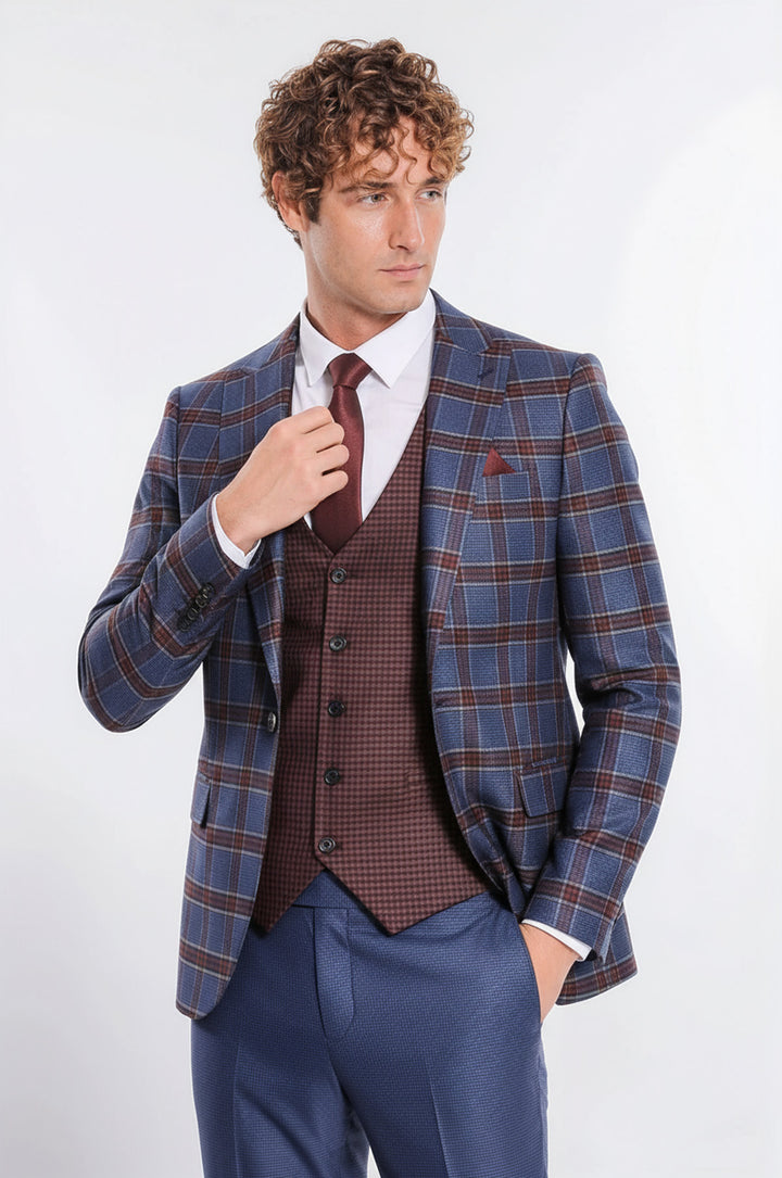 Patterned Checked Slim Fit Blue Men Suit - Wessi