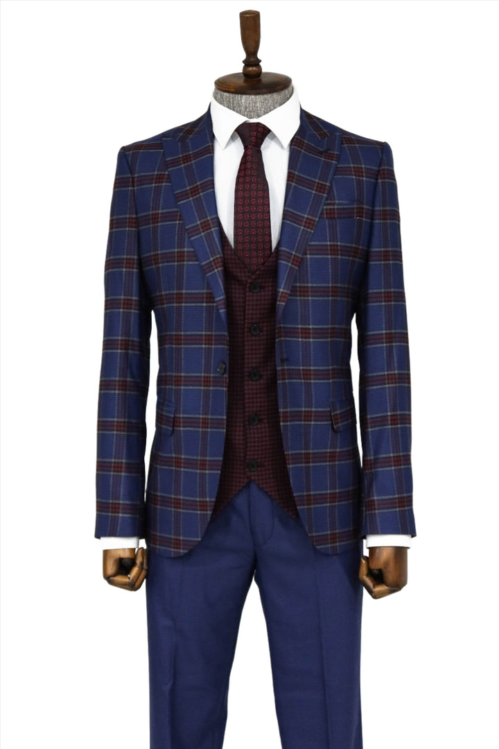 Patterned Checked Slim Fit Blue Men Suit and Shirt Combination- Wessi