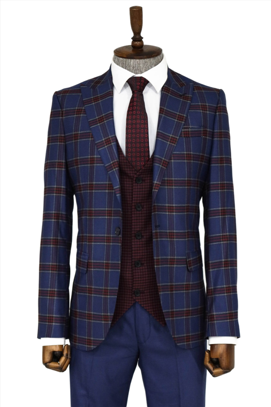 Patterned Checked Slim Fit Blue Men Suit and Shirt Combination- Wessi