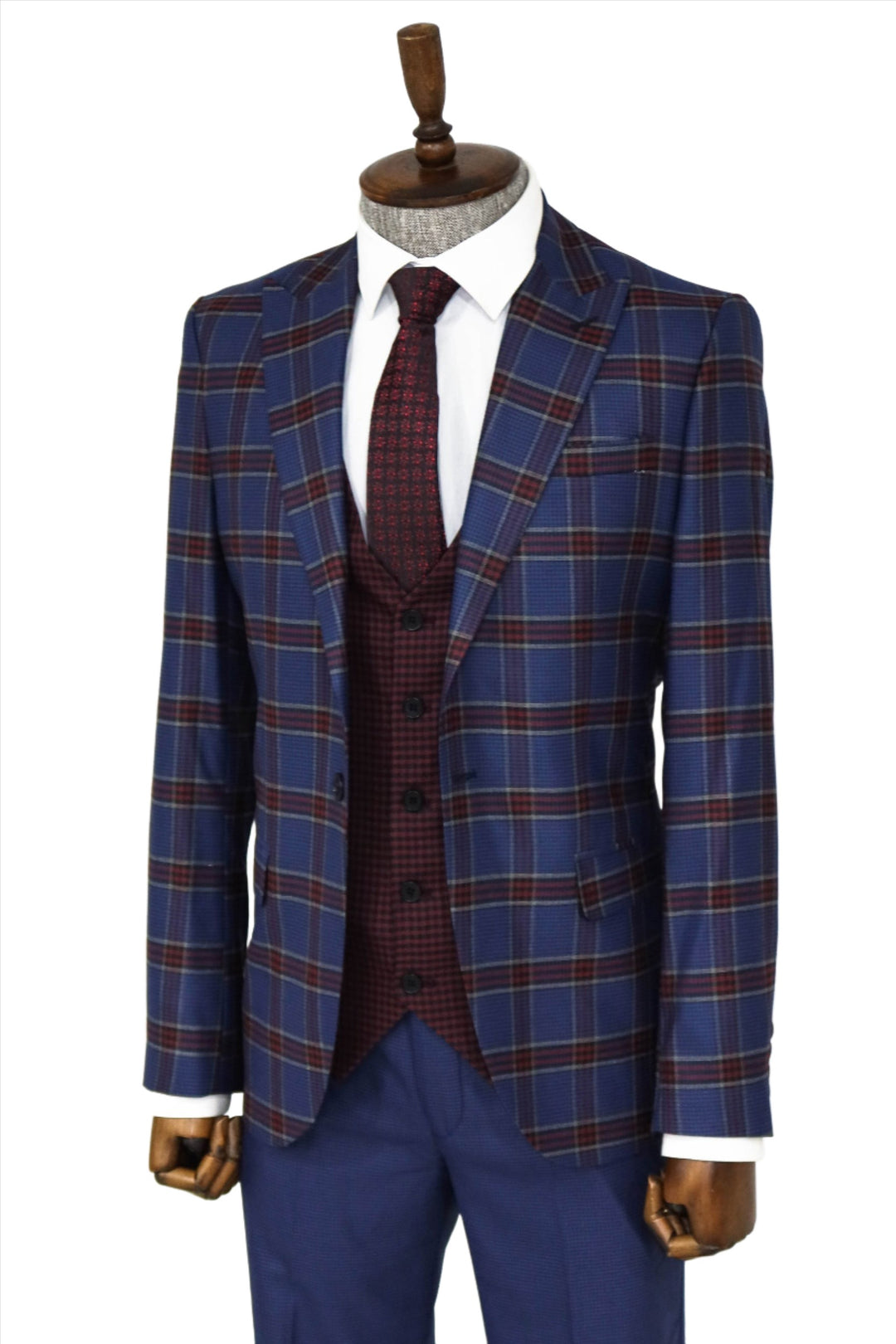 Patterned Checked Slim Fit Blue Men Suit and Shirt Combination- Wessi