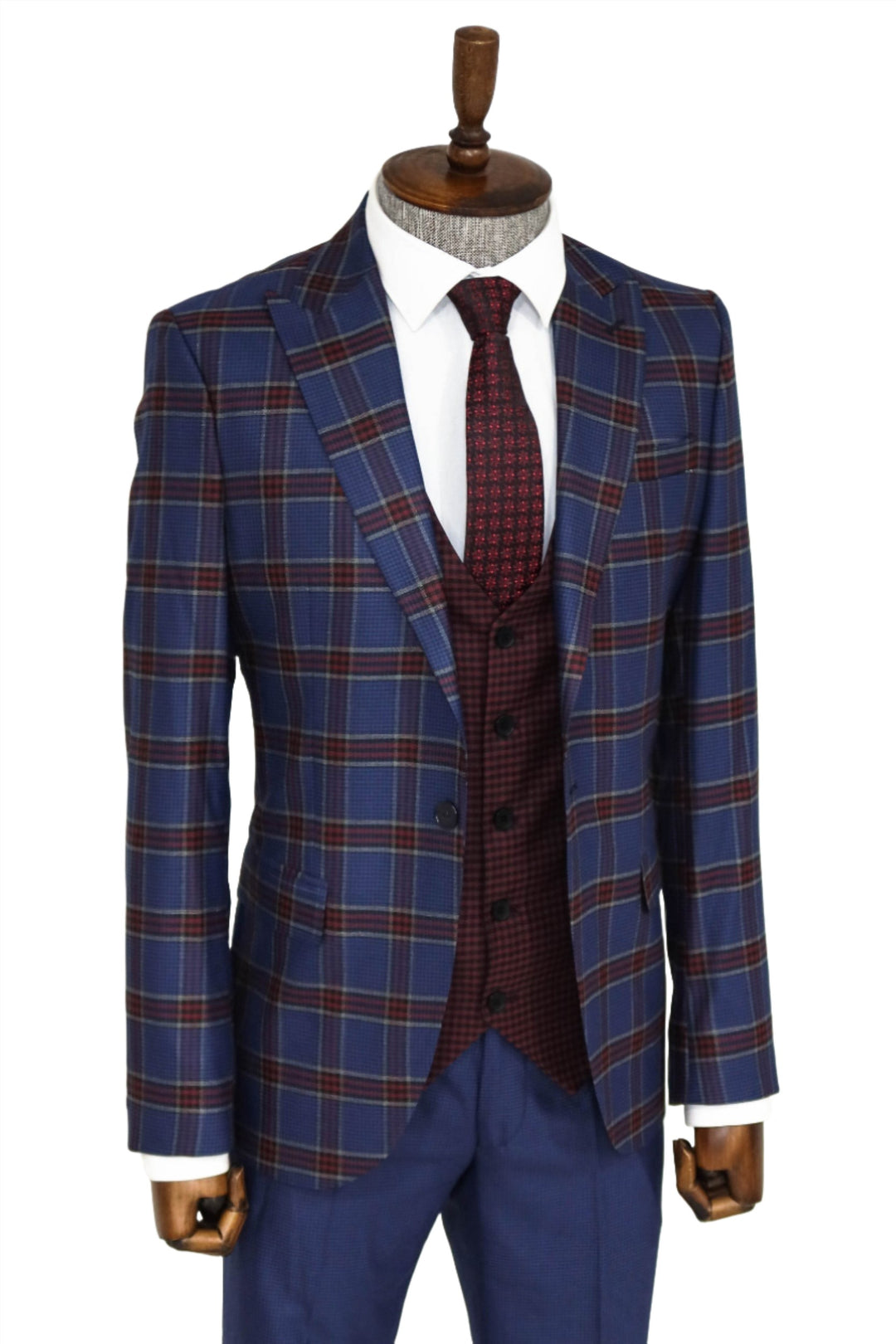 Patterned Checked Slim Fit Blue Men Suit and Shirt Combination- Wessi