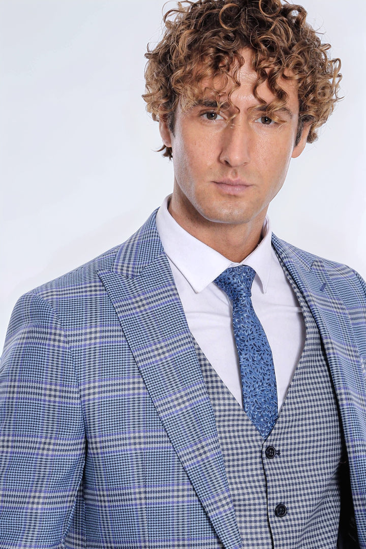 Patterned Checked Slim Fit Blue Men Suit - Wessi