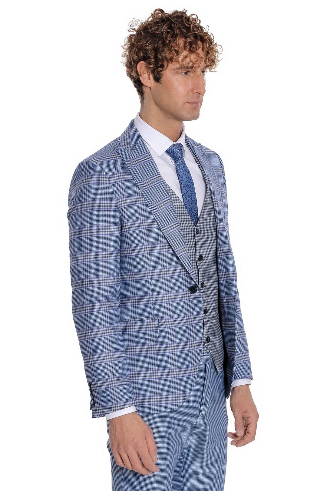 Patterned Checked Slim Fit Blue Men Suit - Wessi