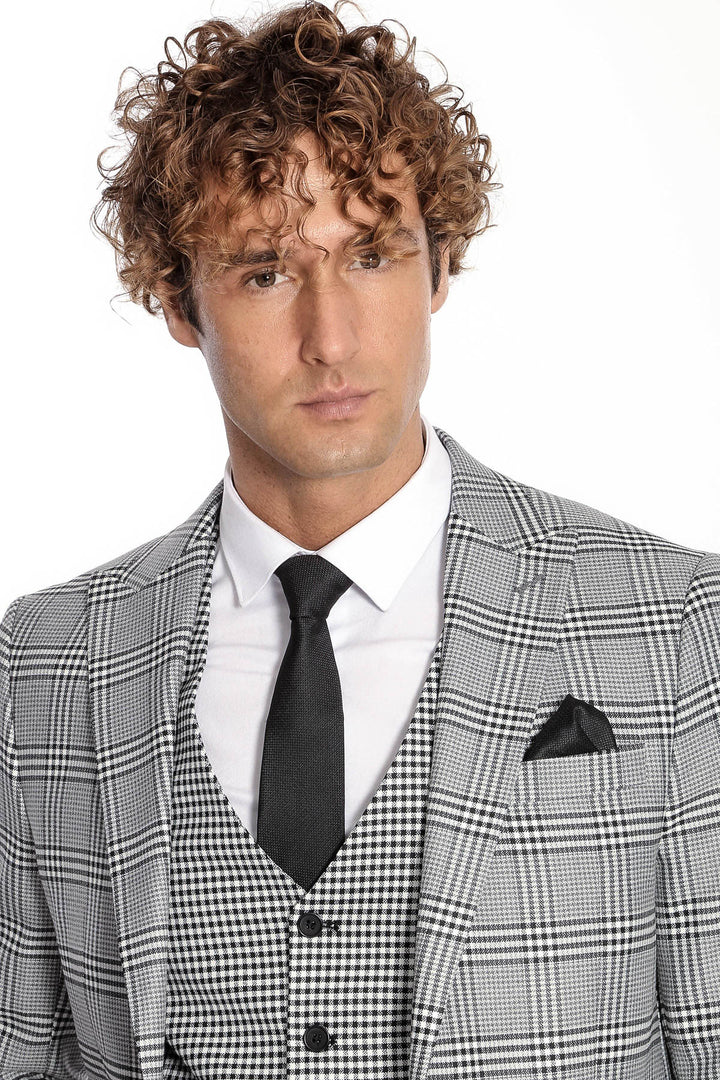 Slim Fit Patterned Checked Grey Men Suit - Wessi