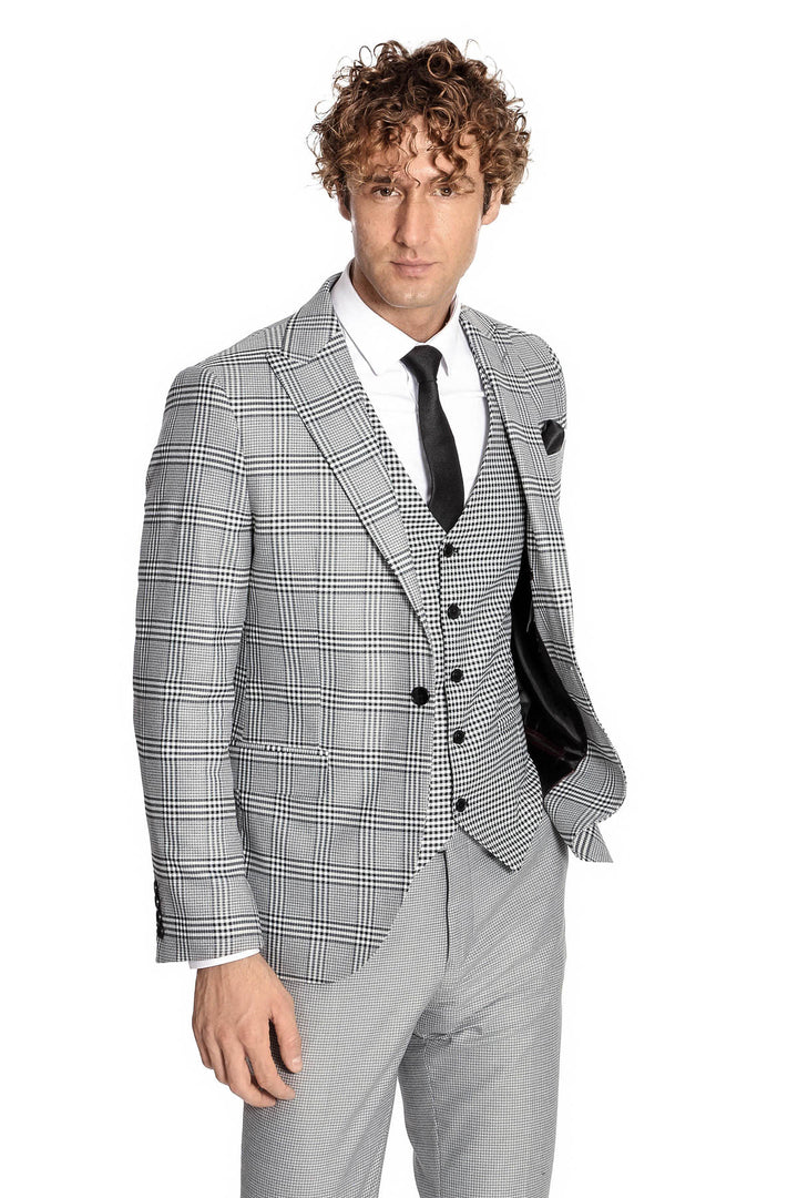Slim Fit Patterned Checked Grey Men Suit - Wessi