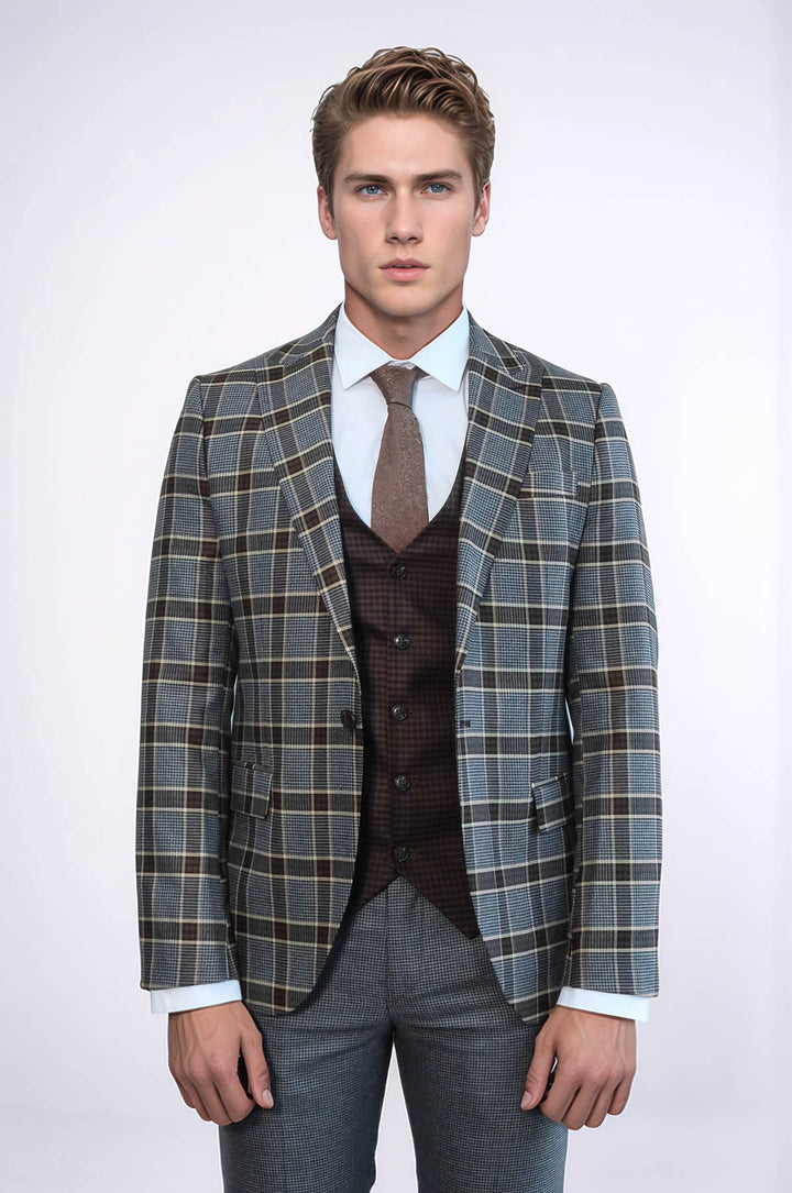 Patterned Checked Slim Fit Anthracite Men Suit - Wessi