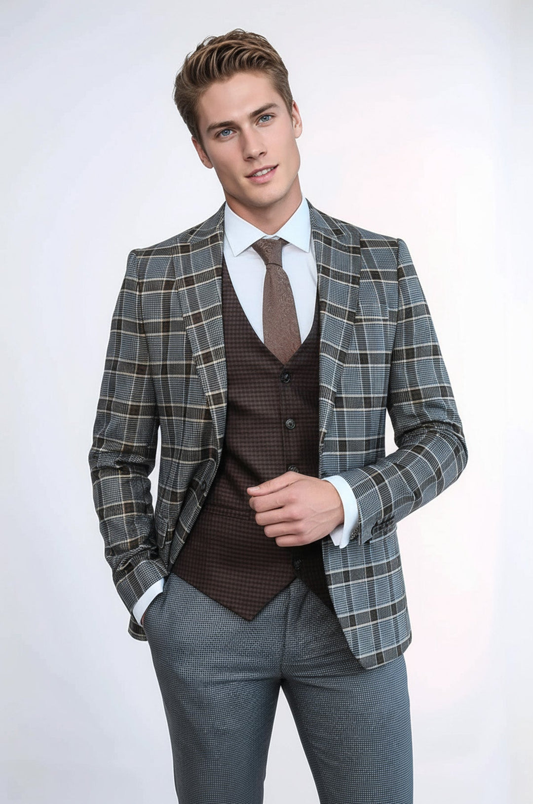 Patterned Checked Slim Fit Anthracite Men Suit - Wessi