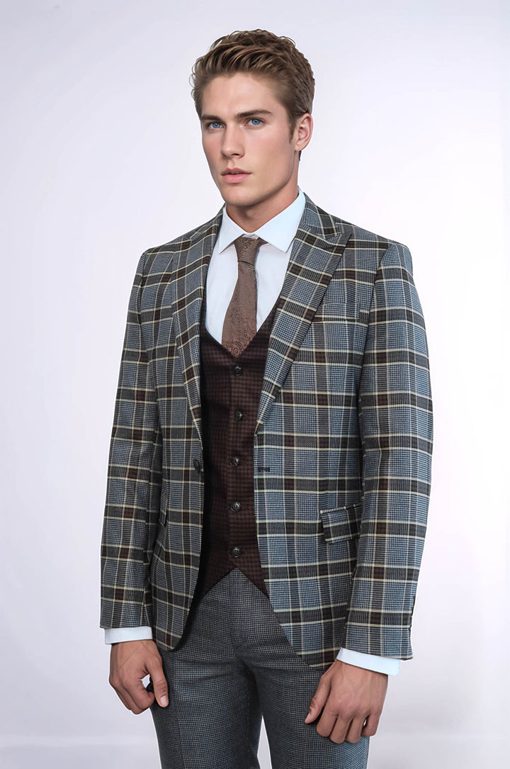 Patterned Checked Slim Fit Anthracite Men Suit - Wessi
