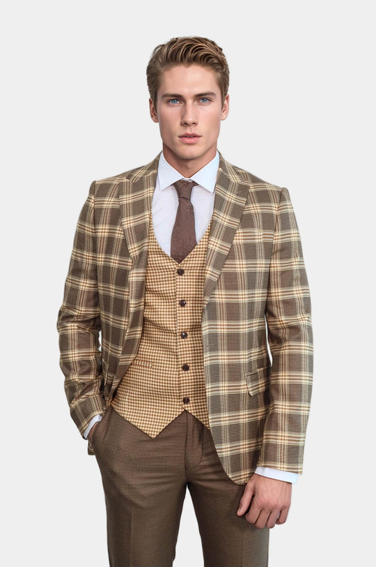 Costume Homme Marron Clair Coupe Slim à Carreaux - Wessi