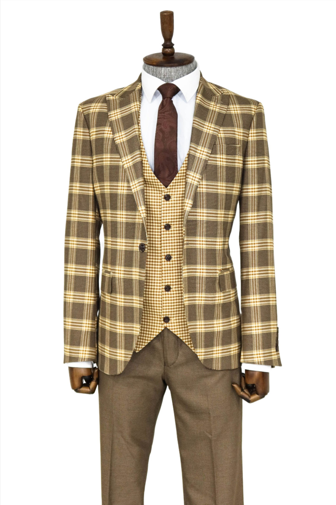 Slim Fit Patterned Checked Light Brown Men Suit and Shirt Combination- Wessi