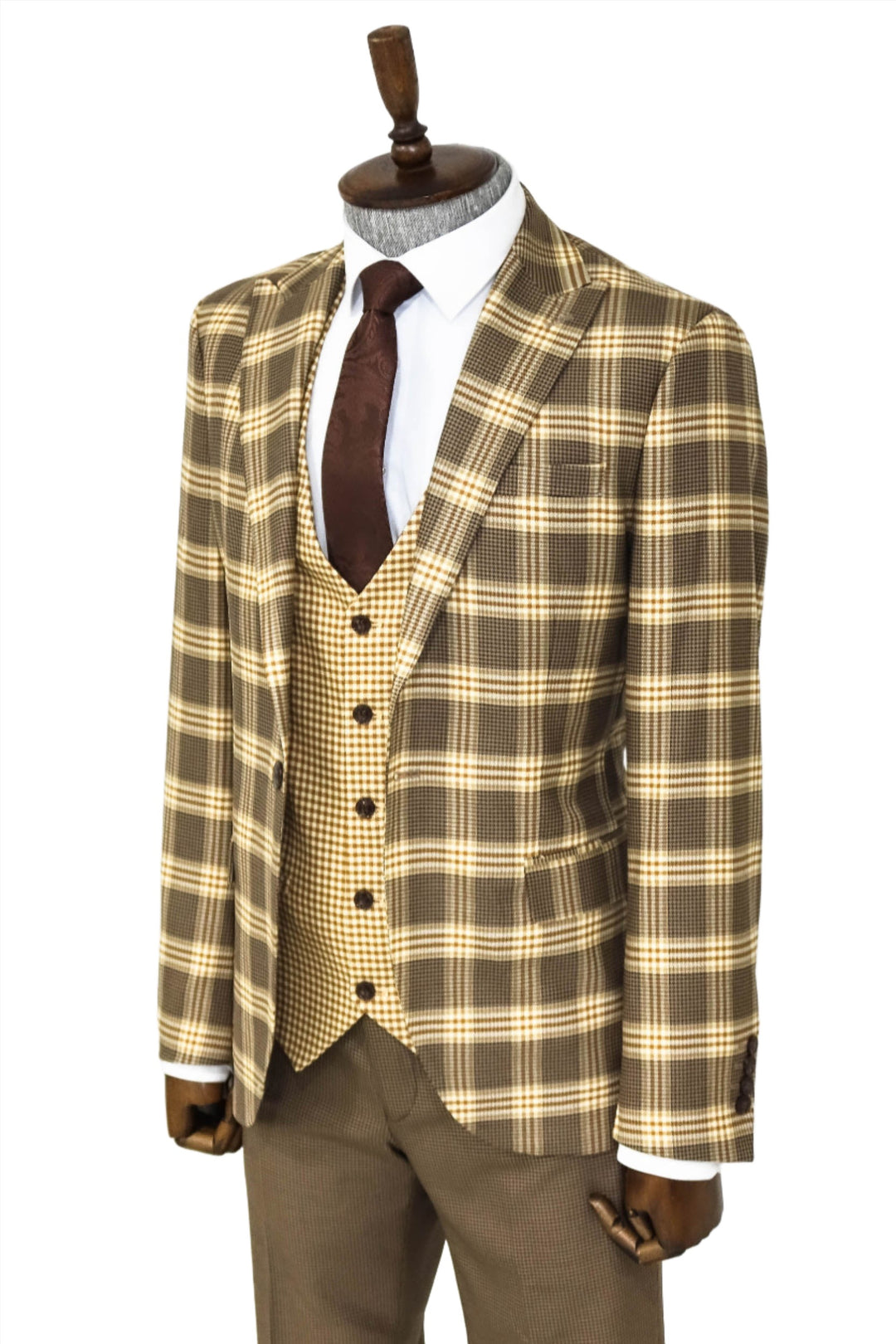 Slim Fit Patterned Checked Light Brown Men Suit - Wessi