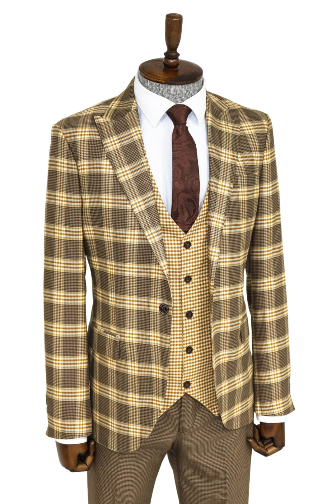 Slim Fit Patterned Checked Light Brown Men Suit and Shirt Combination- Wessi